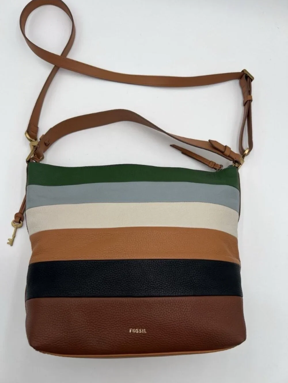 Fossil Julianna Hobo Bag Leather Colorblock Strip Shoulder Purse Key Charm EUC